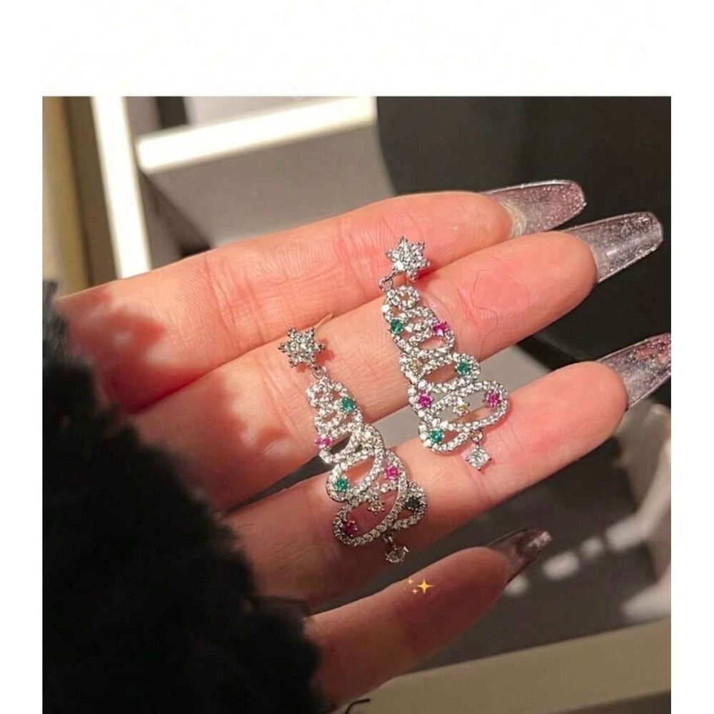 Silver Christmas Tree‎ Drop Earrings Crystal Rhinestone Holiday Jewelry Festive